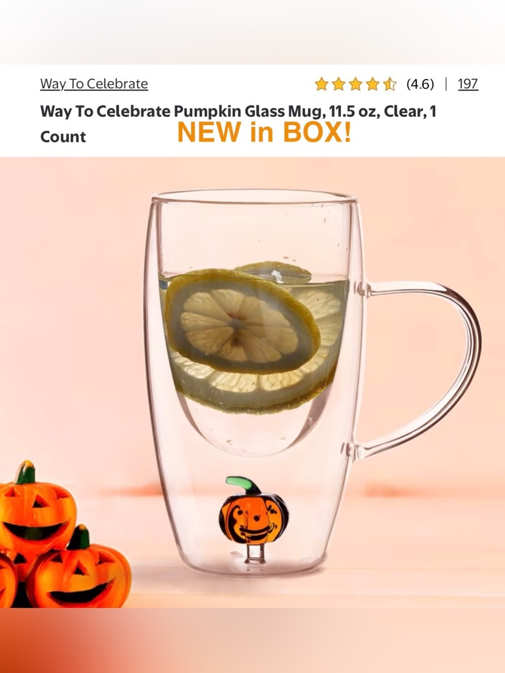 4/$25 WAY TO CELEBRATE Clear Pumpkin Double-Wall PlasticMug w/Accent Pumpkin NWT